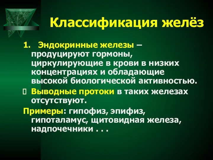 Классификация желёз 1. Эндокринные железы – продуцируют гормоны, циркулирующие в крови