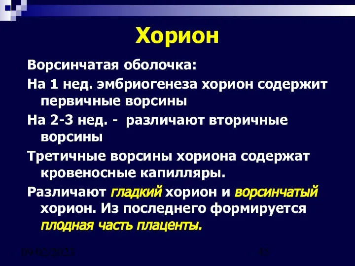 09/02/2023 Хорион Ворсинчатая оболочка: На 1 нед. эмбриогенеза хорион содержит первичные