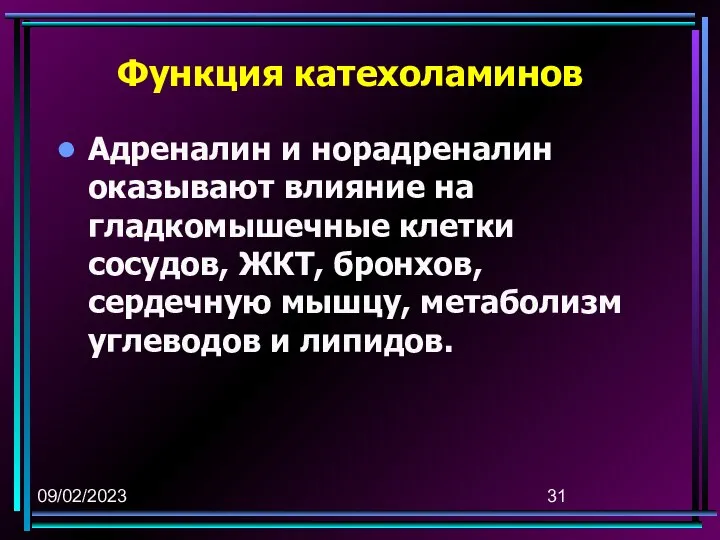 09/02/2023 Функция катехоламинов Адреналин и норадреналин оказывают влияние на гладкомышечные клетки