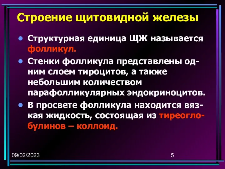 09/02/2023 Строение щитовидной железы Структурная единица ЩЖ называется фолликул. Стенки фолликула