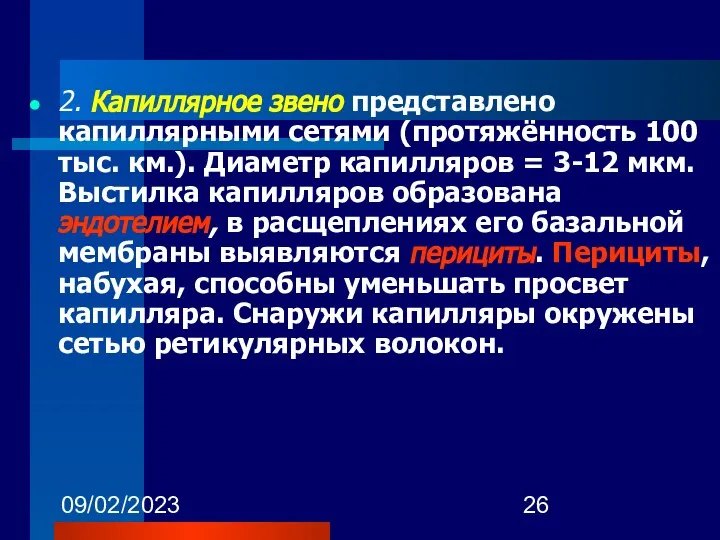 09/02/2023 2. Капиллярное звено представлено капиллярными сетями (протяжённость 100 тыс. км.).