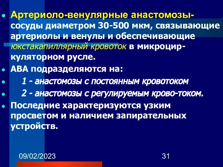 09/02/2023 Артериоло-венулярные анастомозы- сосуды диаметром 30-500 мкм, связывающие артериолы и венулы