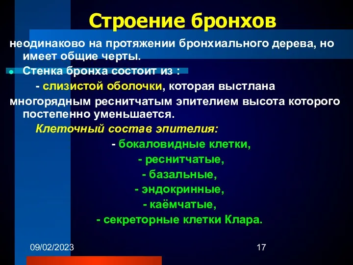 09/02/2023 Строение бронхов неодинаково на протяжении бронхиального дерева, но имеет общие