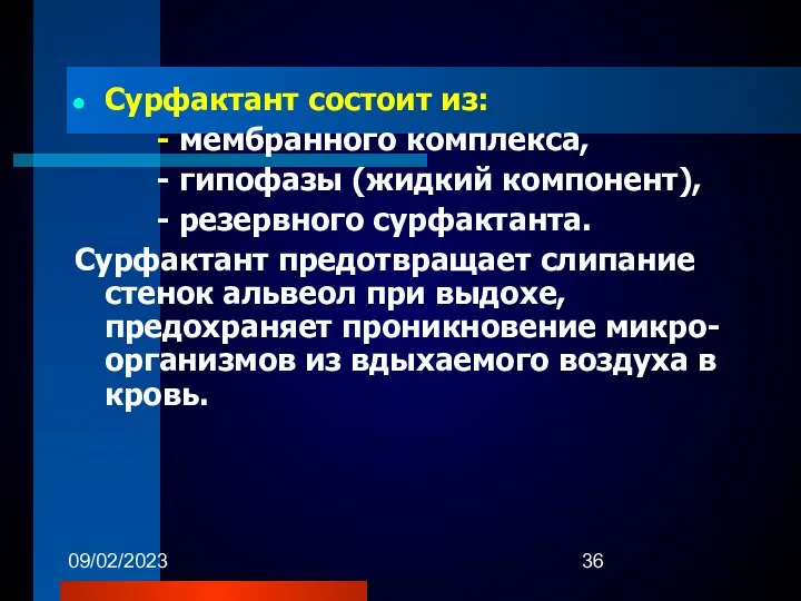 09/02/2023 Сурфактант состоит из: - мембранного комплекса, - гипофазы (жидкий компонент),