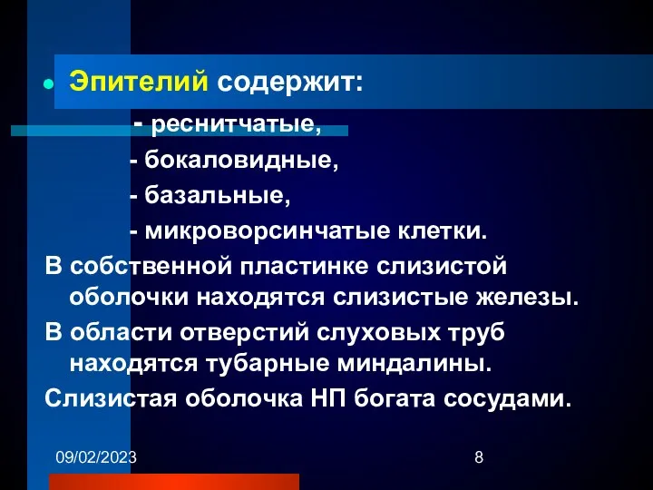 09/02/2023 Эпителий содержит: - реснитчатые, - бокаловидные, - базальные, - микроворсинчатые