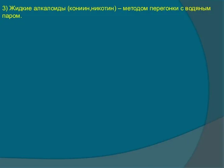 3) Жидкие алкалоиды (кониин,никотин) – методом перегонки с водяным паром.