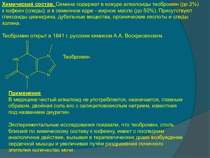 Химический состав. Семена содержат в кожуре алкалоиды теобромин (до 2%) к