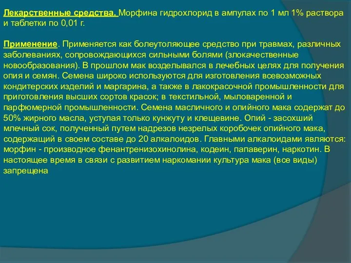 Лекарственные средства. Морфина гидрохлорид в ампулах по 1 мл 1% раствора