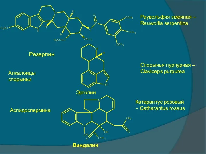 Резерпин Раувольфия змеиная – Rauwolfia serpentina Алкалоиды спорыньи Эрголин Спорынья пурпурная