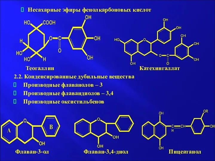 Несахарные эфиры фенолкарбоновых кислот Теогаллин Катехингаллат 2.2. Конденсированные дубильные вещества Производные