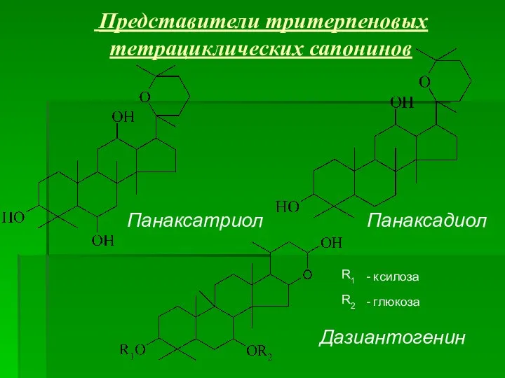 Представители тритерпеновых тетрациклических сапонинов Панаксатриол Панаксадиол Дазиантогенин R1 R2 - ксилоза - глюкоза