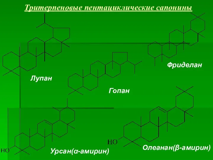 Тритерпеновые пентациклические сапонины Лупан Фриделан Гопан Урсан(α-амирин) Олеанан(β-амирин)
