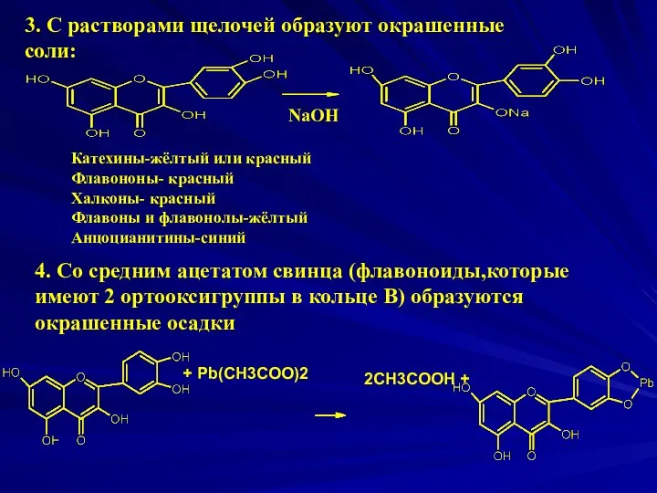 + Pb(CH3COO)2 Катехины-жёлтый или красный Флавононы- красный Халконы- красный Флавоны и