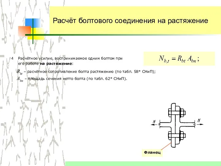 Расчёт болтового соединения на растяжение Расчётное усилие, воспринимаемое одним болтом при