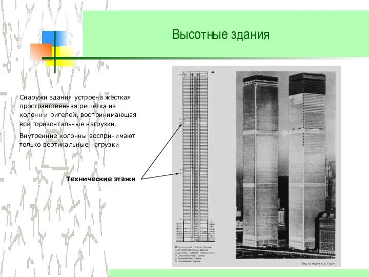 Высотные здания Снаружи здания устроена жёсткая пространственная решётка из колонн и
