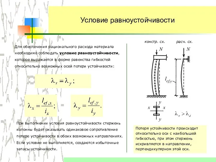 Условие равноустойчивости Для обеспечения рационального расхода материала необходимо соблюдать условие равноустойчивости,