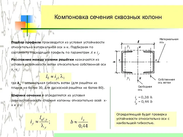 Подбор профиля производится из условия устойчивости относительно материальной оси х-х. Подбираем