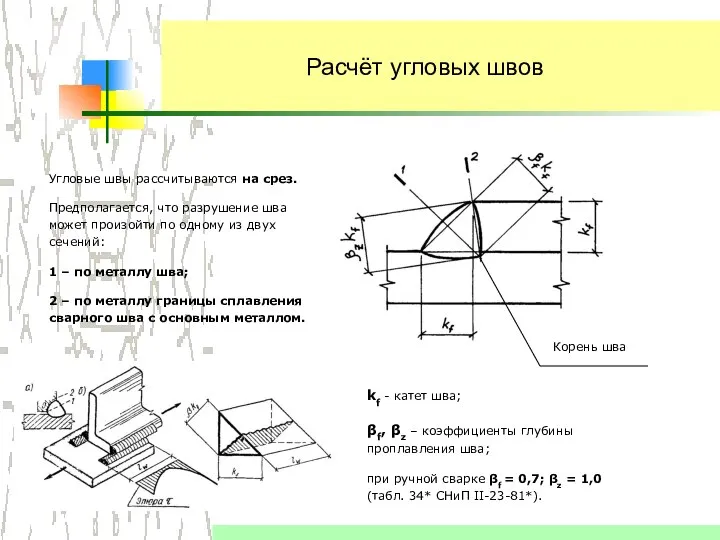 Расчёт угловых швов Корень шва Угловые швы рассчитываются на срез. Предполагается,