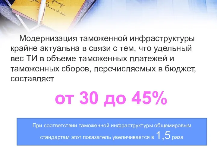 Модернизация таможенной инфраструктуры крайне актуальна в связи с тем, что удельный