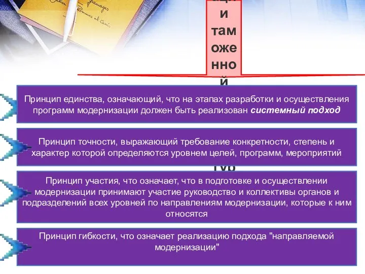 Принципы модернизации таможенной инфраструктуры Принцип единства, означающий, что на этапах разработки