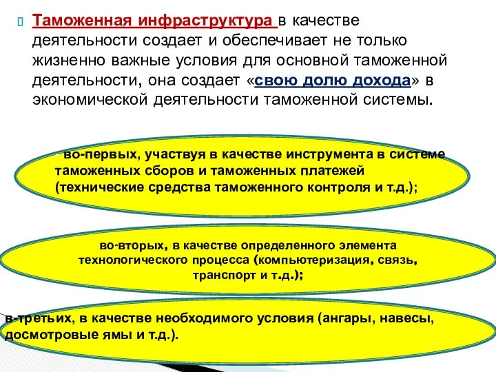 Таможенная инфраструктура в качестве деятельности создает и обеспечивает не только жизненно