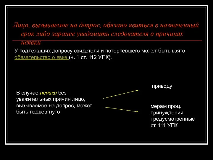 Лицо, вызываемое на допрос, обязано явиться в назначенный срок либо заранее