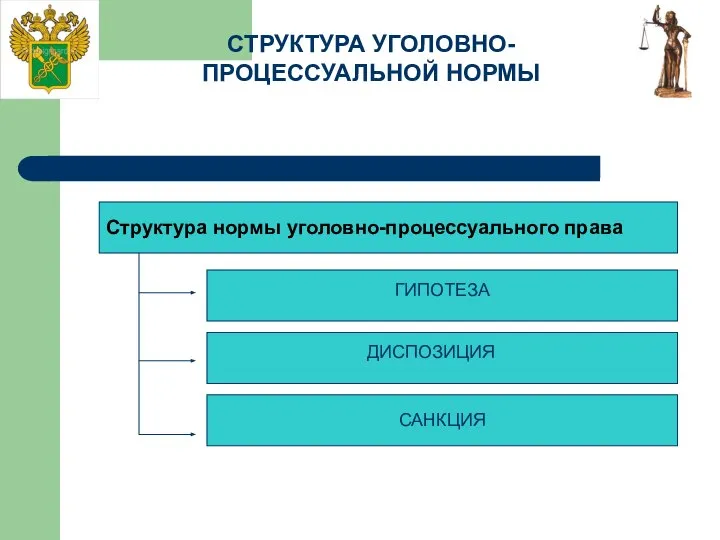 СТРУКТУРА УГОЛОВНО-ПРОЦЕССУАЛЬНОЙ НОРМЫ Структура нормы уголовно-процессуального права ГИПОТЕЗА ДИСПОЗИЦИЯ САНКЦИЯ