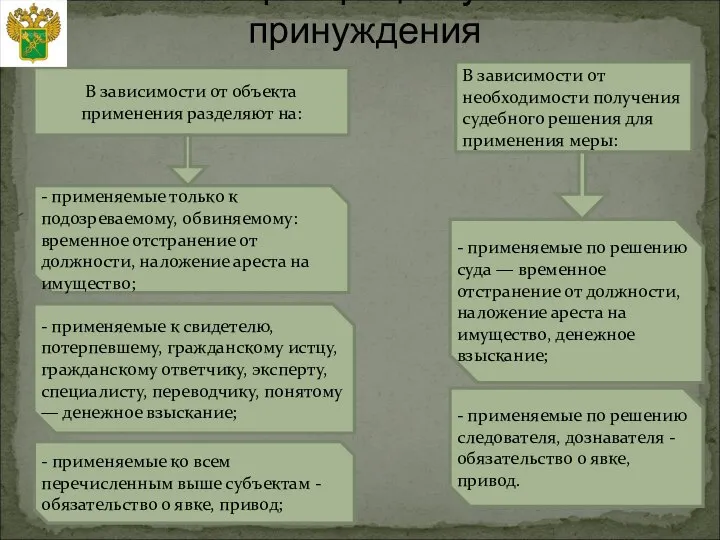 Иные меры процессуального принуждения В зависимости от объекта применения разделяют на: