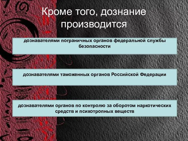 Кроме того, дознание производится дознавателями пограничных органов федеральной службы безопасности дознавателями