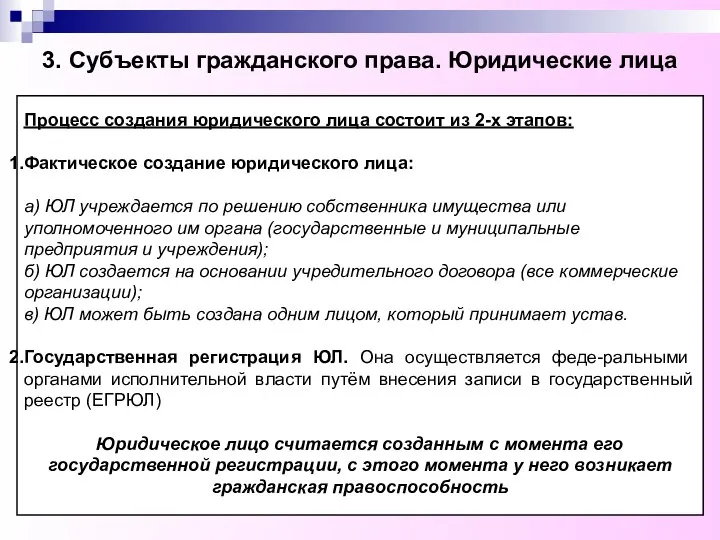 3. Субъекты гражданского права. Юридические лица Процесс создания юридического лица состоит