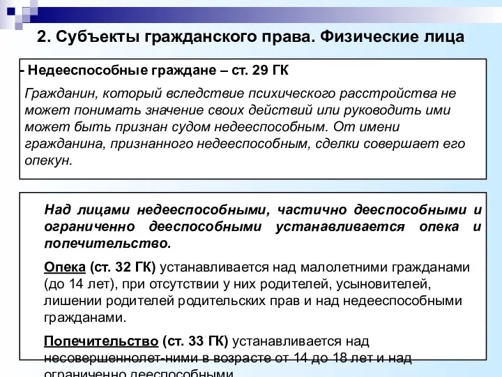 2. Субъекты гражданского права. Физические лица Недееспособные граждане – ст. 29