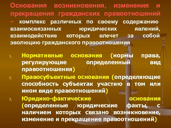 Основания возникновения, изменения и прекращения гражданских правоотношений – комплекс различных по