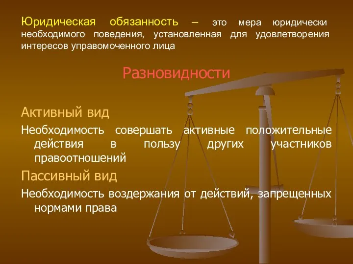 Юридическая обязанность – это мера юридически необходимого поведения, установленная для удовлетворения