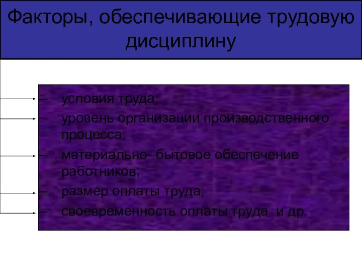 Факторы, обеспечивающие трудовую дисциплину условия труда; уровень организации производственного процесса; материально-