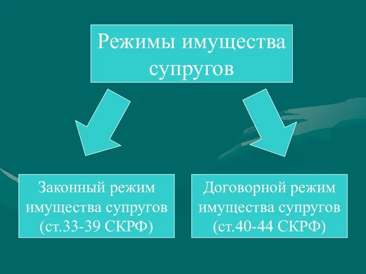 Режимы имущества супругов Законный режим имущества супругов (ст.33-39 СКРФ) Договорной режим имущества супругов (ст.40-44 СКРФ)