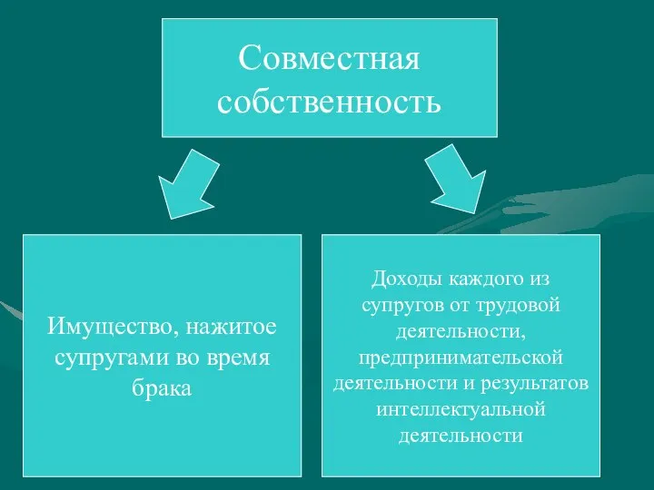 Совместная собственность Имущество, нажитое супругами во время брака Доходы каждого из