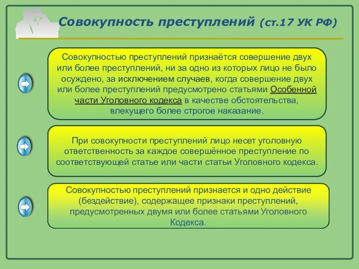 Совокупность преступлений (ст.17 УК РФ) Совокупностью преступлений признаётся совершение двух или