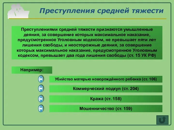 Преступления средней тяжести Преступлениями средней тяжести признаются умышленные деяния, за совершение