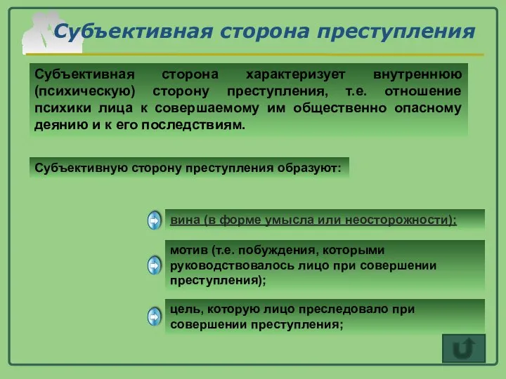 Субъективная сторона преступления Субъективная сторона характеризует внутреннюю (психическую) сторону преступления, т.е.