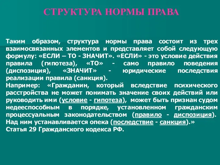 СТРУКТУРА НОРМЫ ПРАВА Таким образом, структура нормы права состоит из трех