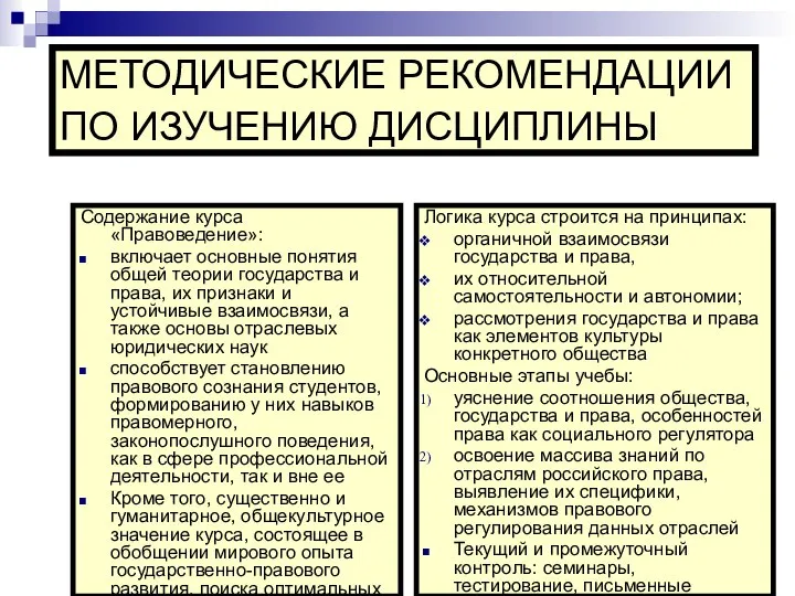 МЕТОДИЧЕСКИЕ РЕКОМЕНДАЦИИ ПО ИЗУЧЕНИЮ ДИСЦИПЛИНЫ Содержание курса «Правоведение»: включает основные понятия