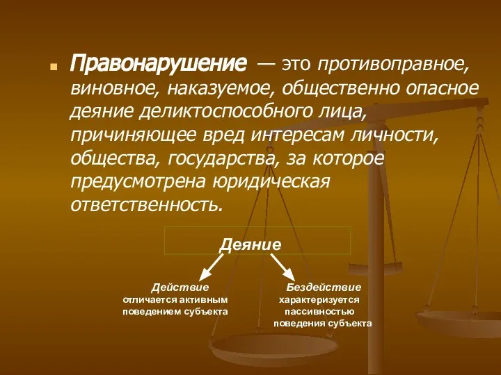 Правонарушение — это противоправное, виновное, наказуемое, общественно опасное деяние деликтоспособного лица,