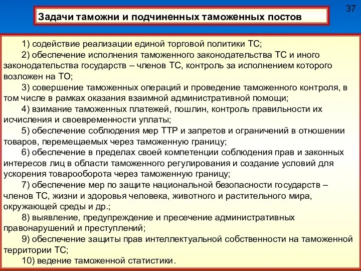 37 Задачи таможни и подчиненных таможенных постов 1) содействие реализации единой