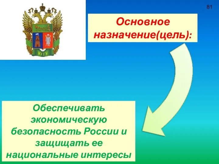 81 Основное назначение(цель): Обеспечивать экономическую безопасность России и защищать ее национальные интересы