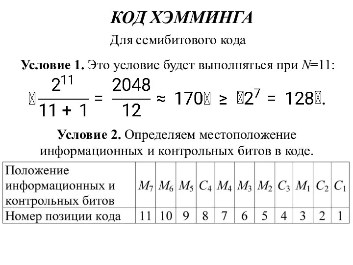 КОД ХЭММИНГА Для семибитового кода Условие 1. Это условие будет выполняться