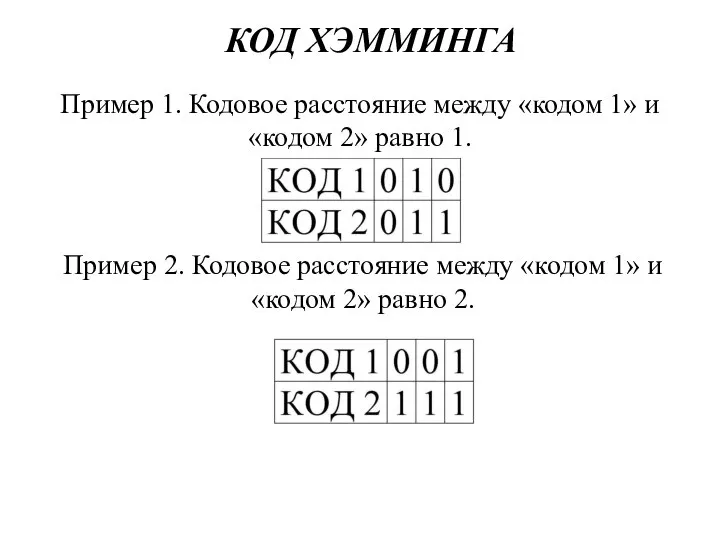 Пример 1. Кодовое расстояние между «кодом 1» и «кодом 2» равно