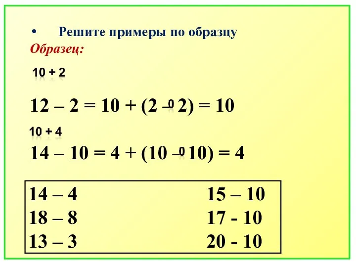 Решите примеры по образцу Образец: 12 – 2 = 10 +