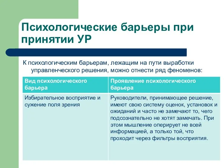 Психологические барьеры при принятии УР К психологическим барьерам, лежащим на пути