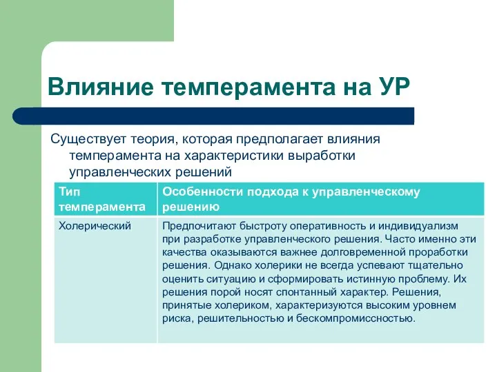 Влияние темперамента на УР Существует теория, которая предполагает влияния темперамента на характеристики выработки управленческих решений