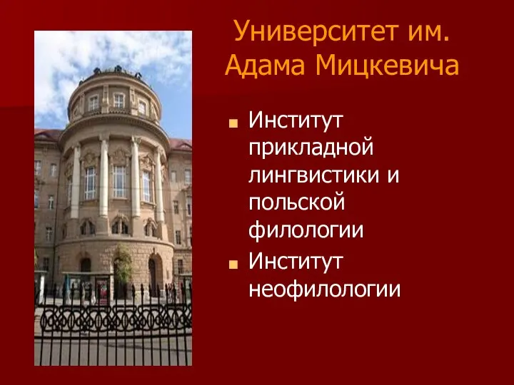 Университет им.Адама Мицкевича Институт прикладной лингвистики и польской филологии Институт неофилологии